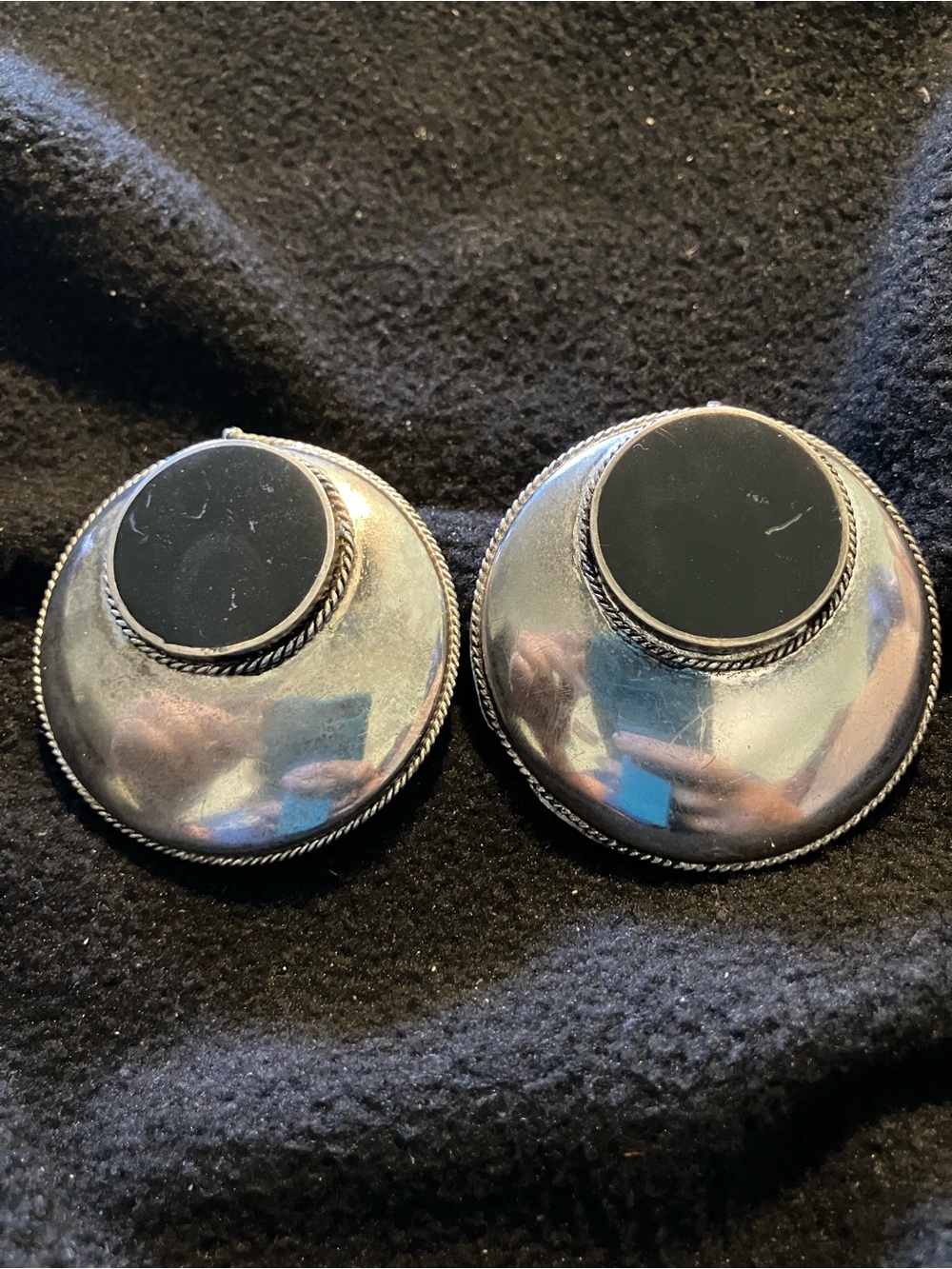 Vintage Heavy 32g Sterling Silver Black Onyx Statement Clip On Earrings MCM